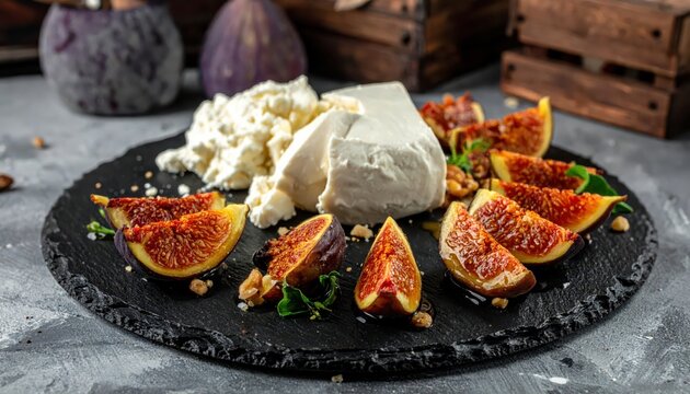 Sweet honey glazed figs and creamy goat cheese presented on a dark slate platter, a delightful gourmet appetizer.
