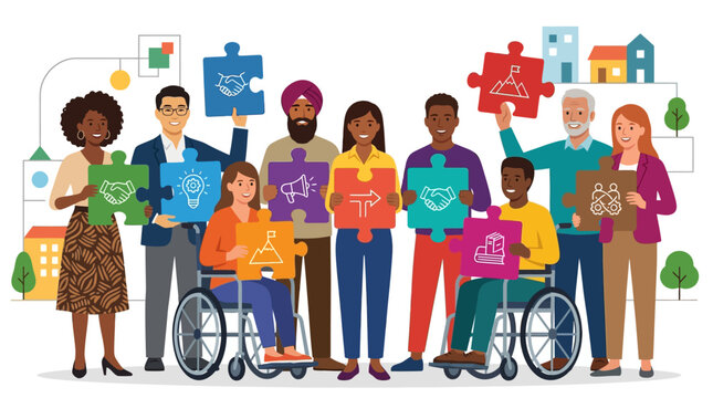 Collaborative Health Workers Showcase Diversity and Tools in Colorful Puzzle Pieces Illustration