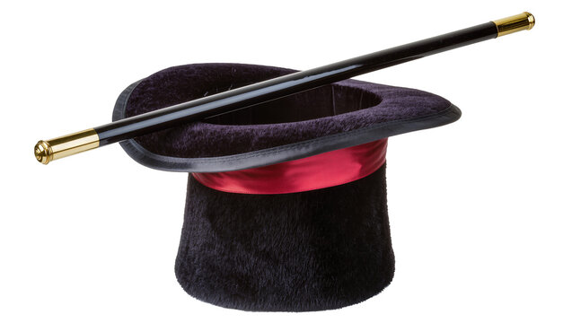 Isolated vintage black plush top hat with red ribbon and elegant magician's magic wand