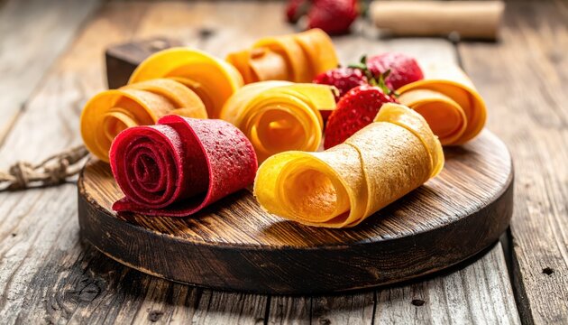 Thinly sliced and layered fruit leather rolls presented on a rustic wooden board with fresh strawberries