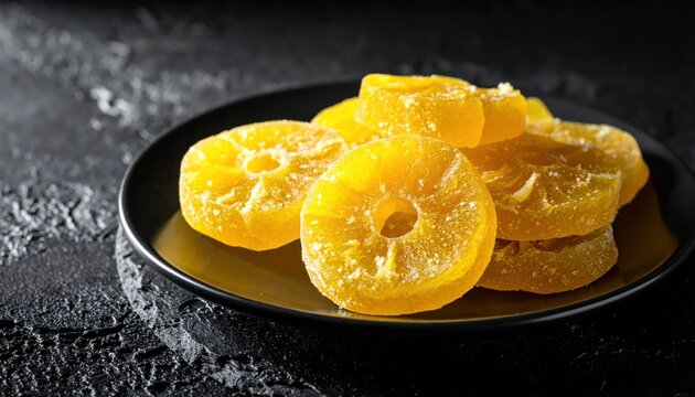Sweetened Candied Lemon Wheels Artfully Arranged on a Dark Plate, Showcasing Their Vibrant Yellow Hue and Sugary Texture.