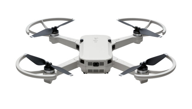 Isolated modern compact white drone with propeller guards for safe flight operations