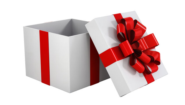 Isolated festive open white gift box with a bright red ribbon and elegant bow