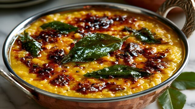 Close-up of a bowl of golden yellow Dal Tadka, a popular Indian lentil dish, garnished with fried curry leaves and spices
