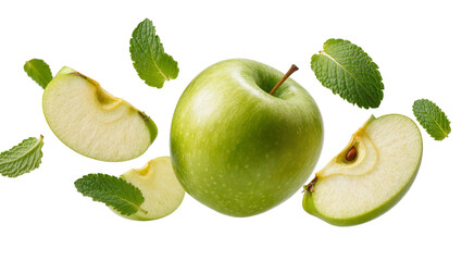 Isolated vibrant green apple with fresh, crisp slices and aromatic mint leaves falling. © Conor