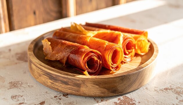 Thinly sliced fruit leather rolls layered on a rustic wooden tray, showcasing a delightful sweet snack.