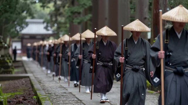 Procession of Japanese Buddhist Monks Walking Through Sacred Forest Temple Path, 4K,. Copy space on the left
