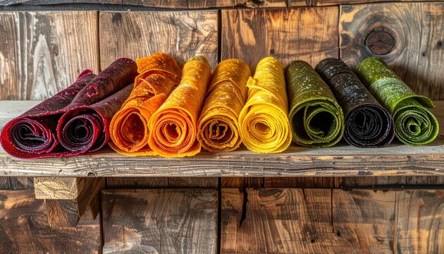 Vibrant fruit leathers in assorted colors and textures, artfully rolled and stacked on a rustic wooden shelf, showcasing a delightful variety of natural snacks.