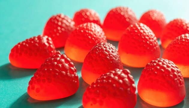 Vibrant red strawberry shaped gummy candies scattered across a textured surface, showcasing their delightful miniature berry appearance.