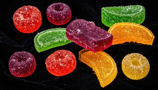 Vibrant fruit pectin candies glistening like jewels in rich jewel-like colors with sparkling sugar crystals