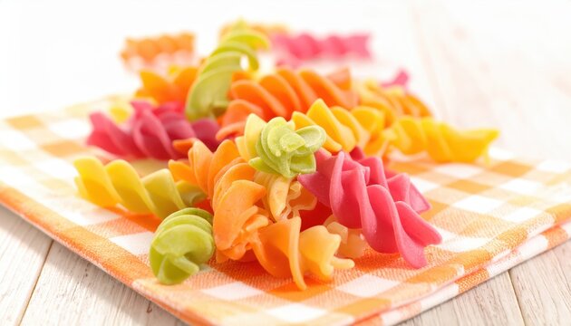 Vibrant multicolored fusilli pasta twists artfully arranged on a checkered cloth