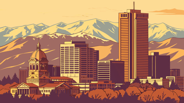 Denver skyline with state capitol and snowy rocky mountains