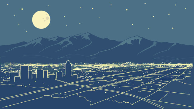 Denver skyline and rocky mountains at night with moon and stars