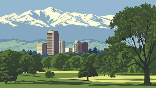 Scenic denver skyline with snow capped rocky mountains and park