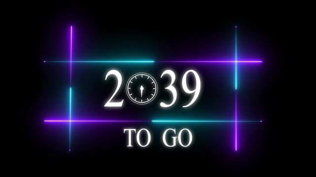 Abstract neon line yearly 2039 in clock icon animation. and glowing neon number 2039 animation . on a black background.