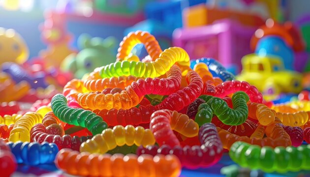 Vibrant Assortment of Gummy Worms in a Playful Jumble of Bright Colors