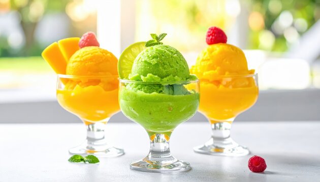Vibrant fruit sorbets in elegant glass coupes with fresh garnishes, a refreshing summer dessert.