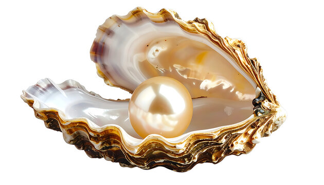 Open oyster shell with a large glowing golden pearl inside on white background.