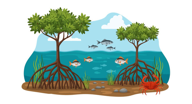 Fish swimming near mangrove trees underwater.