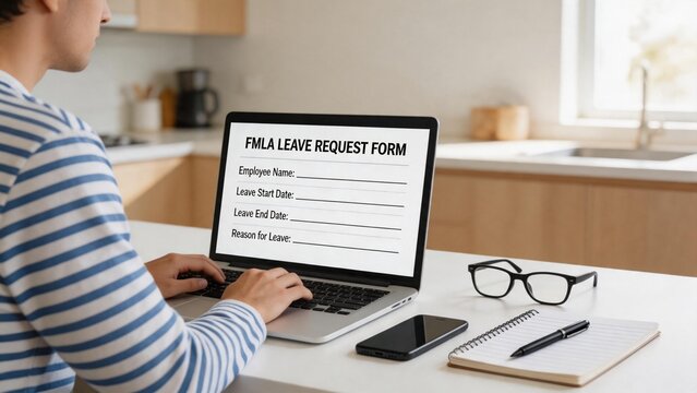 Person filling FMLA leave request form on laptop