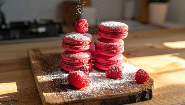 Vibrant raspberry macarons elegantly stacked on a rustic wooden board dusted with powdered sugar