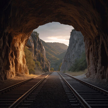 Train Tunnel at Dusk: Sunlight streams into a majestic mountain tunnel, illuminating the parallel train tracks as they disappear into the distance.