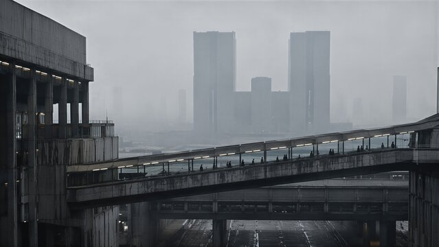 People walking on elevated concrete bridge in totalitarian city with massive skyscrapers in fog. Dystopian urban architecture and brutalist building structure. Futuristic megacity concept.