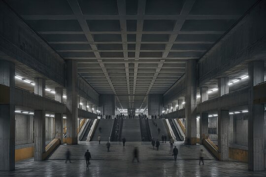 Concrete hall with massive columns and geometric ceiling. Commuters walking through gray totalitarian architecture station. Brutalist style structure serving as public transport hub.