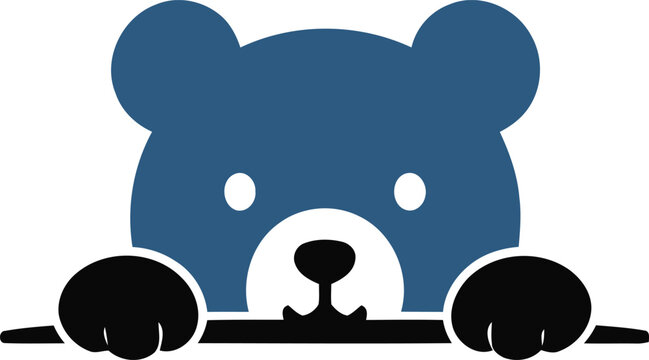 Cute blue teddy bear head peeking over a black horizontal line with paws visible. Adorable and playful vector illustration on white background. Great for children designs, greetings, stickers, and fri