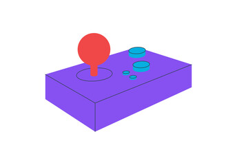 Retro arcade gamepad sticker flat style. Joystick and controller gadget stand out with bold purple and red. Videogame console accent for game fans, perfect as fun technology badge or playful visual © Moonnoon