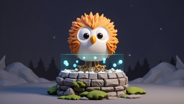 3D Cartoon Owl in Clockwork Forest