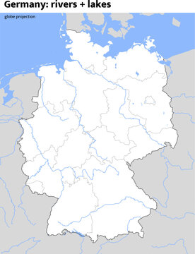 Germany map with rivers and lakes, blank outline map of German federal states, hydrography vector template