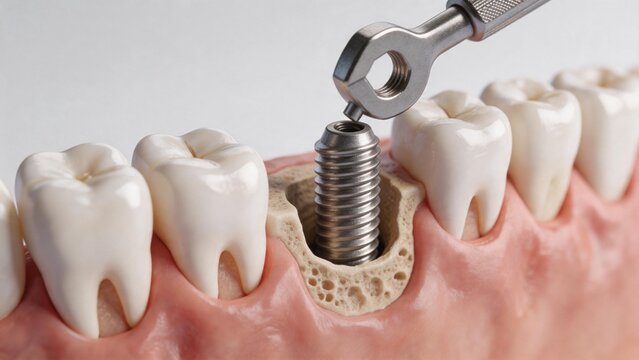 Dental implant procedure on jaw model