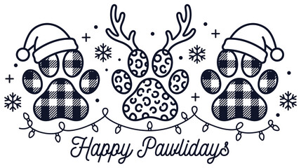 Happy pawlidays christmas dog paw prints with reindeer antlers santa hats and holiday lights. © MdJubayer