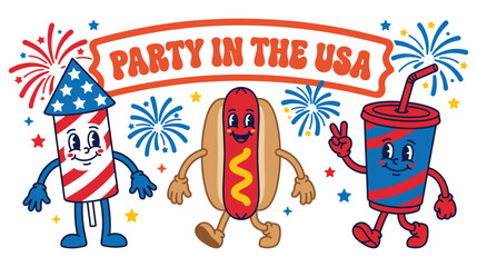 Patriotic party in usa banner with cute fireworks hot dog and soda character elements. © MdJubayer