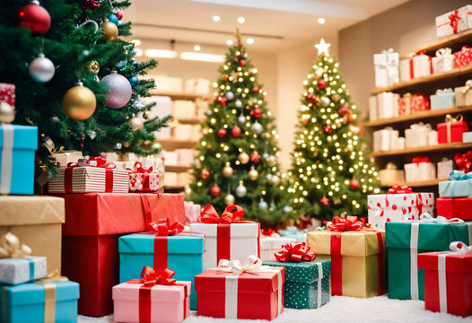massive pile of colorful wrapped gifts with ribbons on the floor in a large retail store setting with multiple decorated christmas trees and wooden shelves.