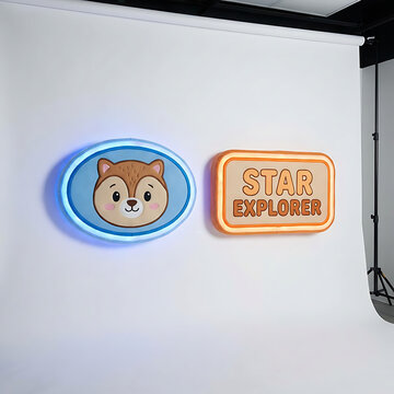 Colorful cartoon hamster face logo and Star Explorer neon signs