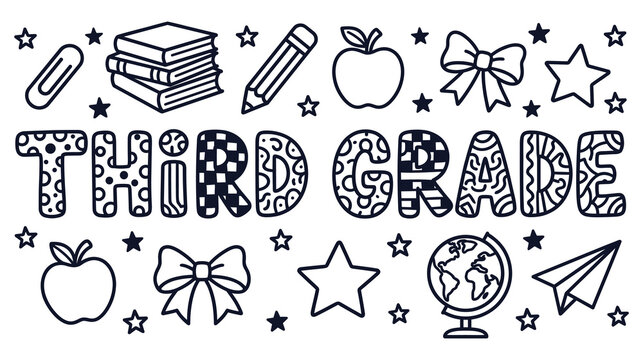Third grade lettering with school supplies, books, and stars.