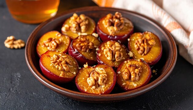 Warm Baked Plums Stuffed with Walnuts and Drizzled with Honey, Presented as a Delectable Dessert Dish