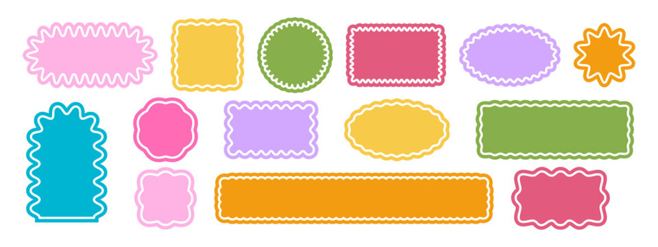 Set of cute geometric shapes with curvy edges and transparent border lines. Basic undulated forms isolated on white background. Empty stamps, stickers, tags or labels. Vector flat illustration.