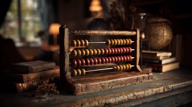 Classic abacus displayed in an old study room with warm ambient lighting, creating a traditional learning atmosphere that reflects education, history, and timeless knowledge.