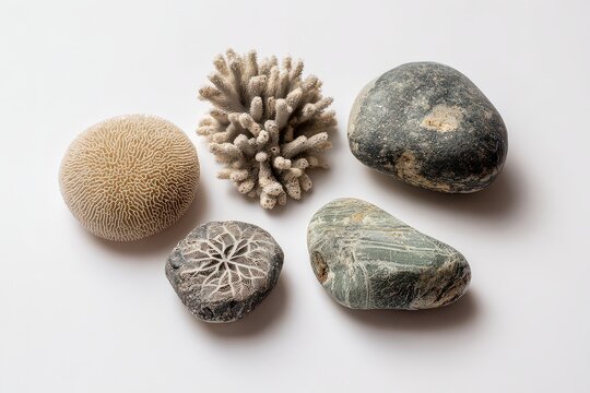Close Up Photograph of Natural Coral and Textured Rocks in Neutral Tones on a White Background Showcasing Marine Life Details and Organic Shapes in Studio Lighting