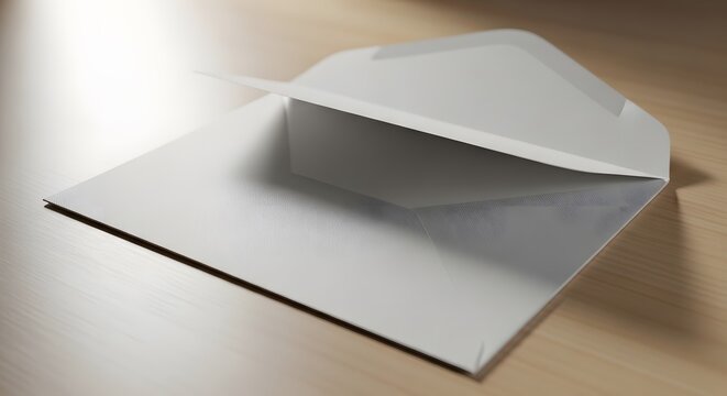 Blank open white paper envelope package stationery mockup layout on wooden table