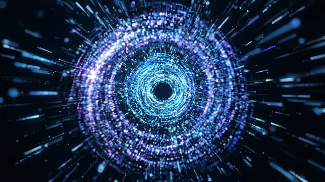 Vibrant digital vortex showcases glowing particles in motion, creating abstract sense of depth and representing innovative technology