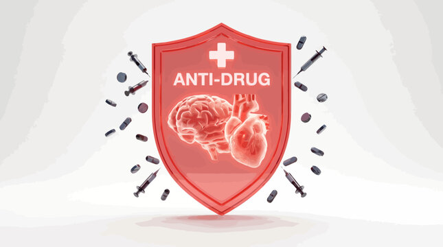 Conceptual illustration of an anti-drug protection shield safeguarding the human brain and heart from addiction and narcotics