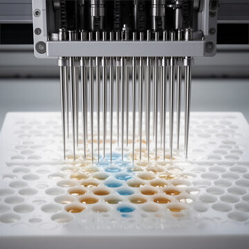 Multi Channel Pipetting Head of Automated Liquid Handler Dispensing Samples into 96 Well Plate in High Throughput Laboratory