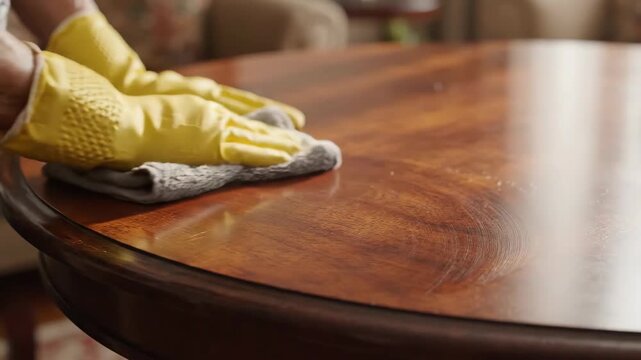 Cleaning Wooden Table with Cloth and Rubber Gloves for Polished Surface in Cozy Living Room Setting, Evoking Care and Attention to Detail