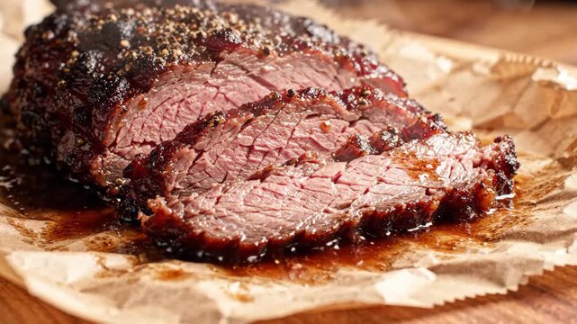 Savory Sliced Beef Brisket Juicy, Tender Meat with Smoky Crust, Perfectly Cooked and Served on Parchment Paper for Barbecue Lovers