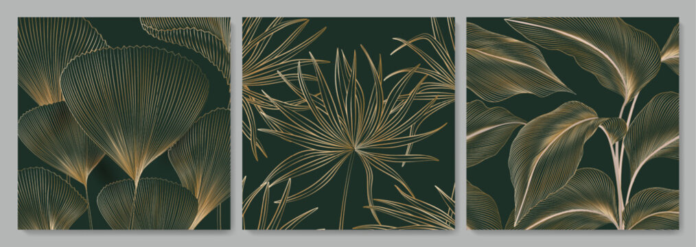Luxury set of tropical plant leaves in a gold line style. Botanical art background for wallpaper, decor, packaging, textiles, and interiors.