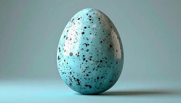 Single speckled blue bird egg standing upright on a smooth surface with soft lighting.